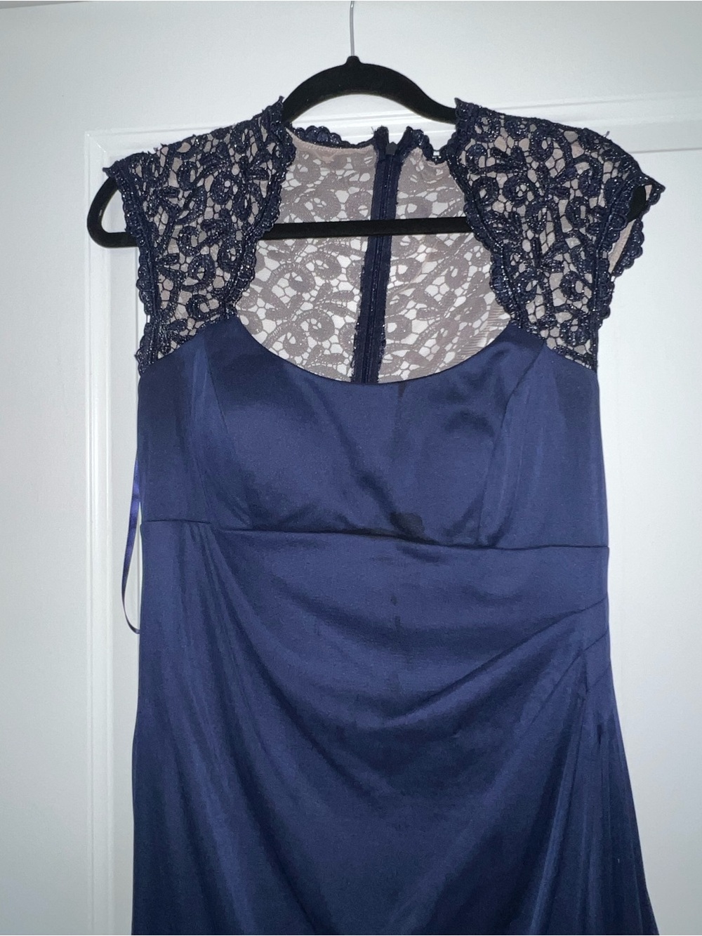 Xscape Navy Blue Lace Cap Sleeve Evening Dress
